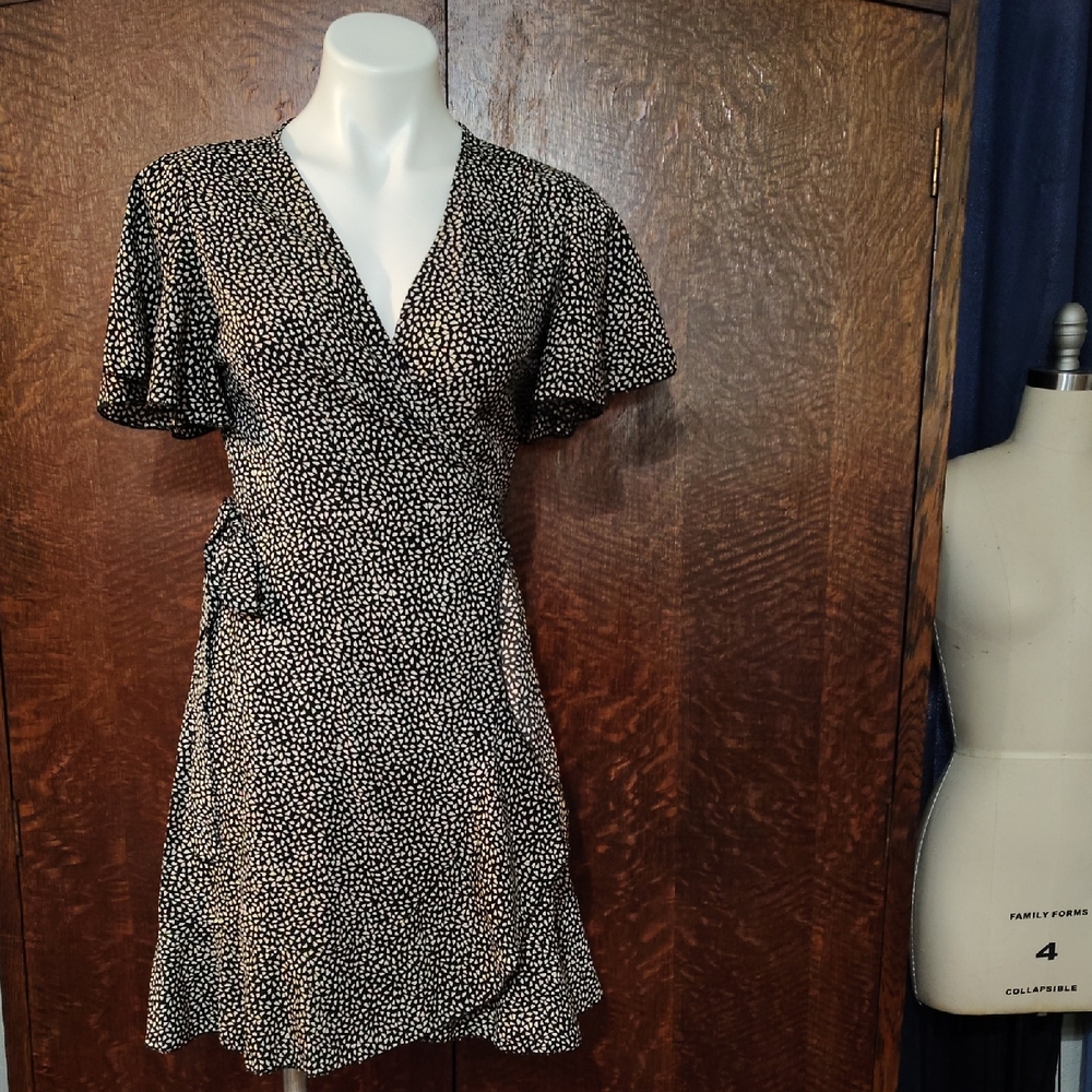 Elegant Black White Polka Dot Wrap Dress